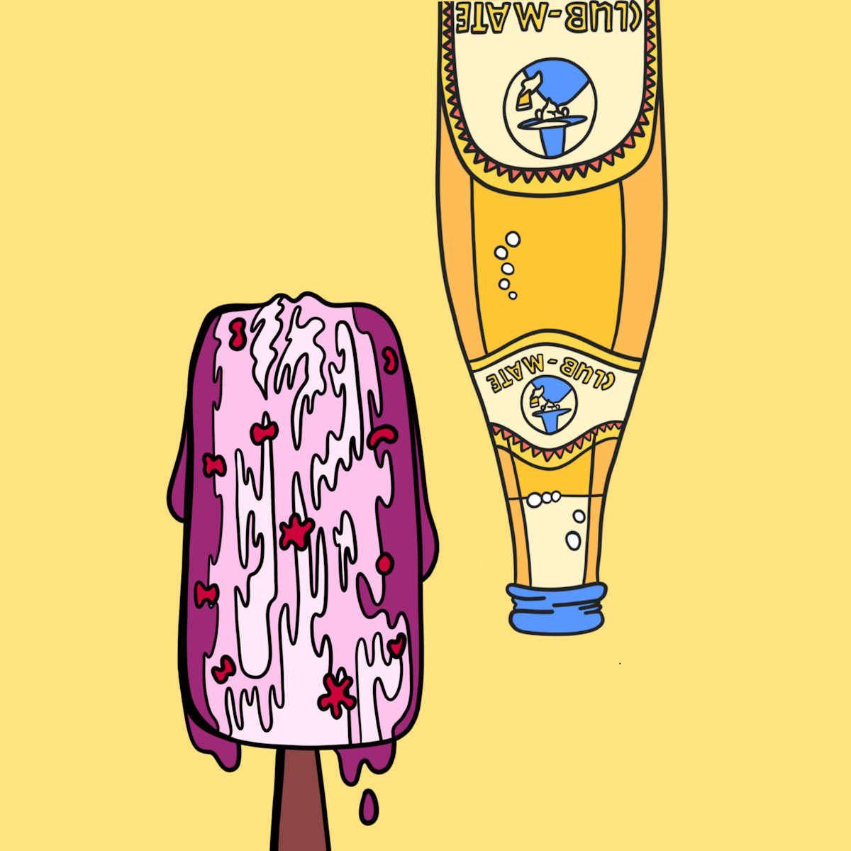 strawberry ice pop and club mate drink