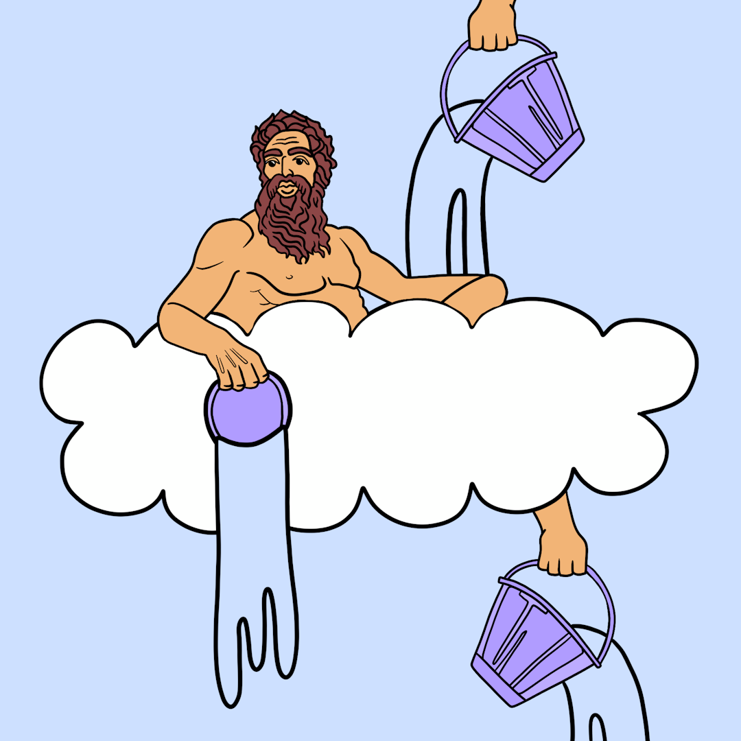 weather god sitting in the clouds, pouring down buckets of rain
