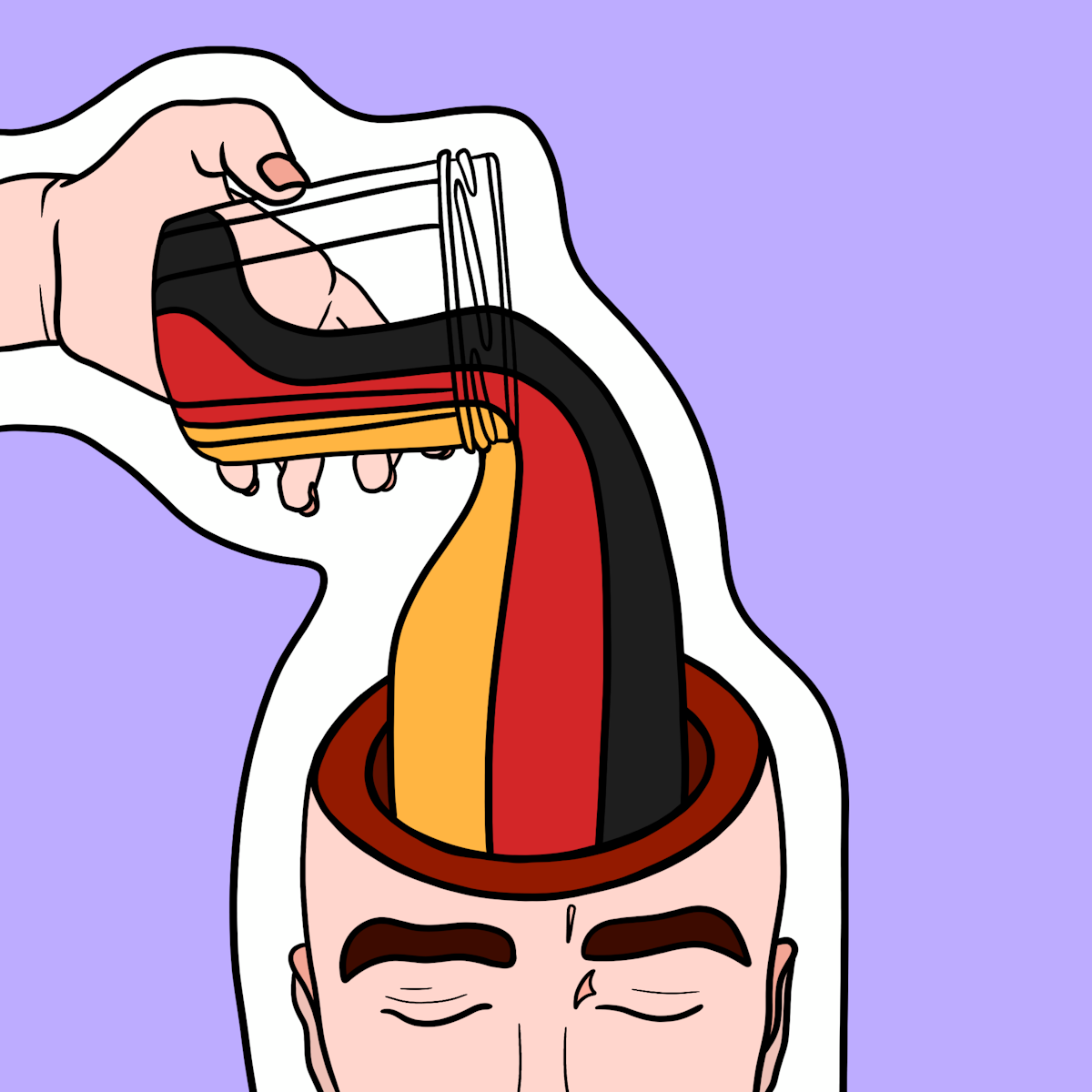Illustration of a man pouring German knowledge into his brainm in order to learn German fast.